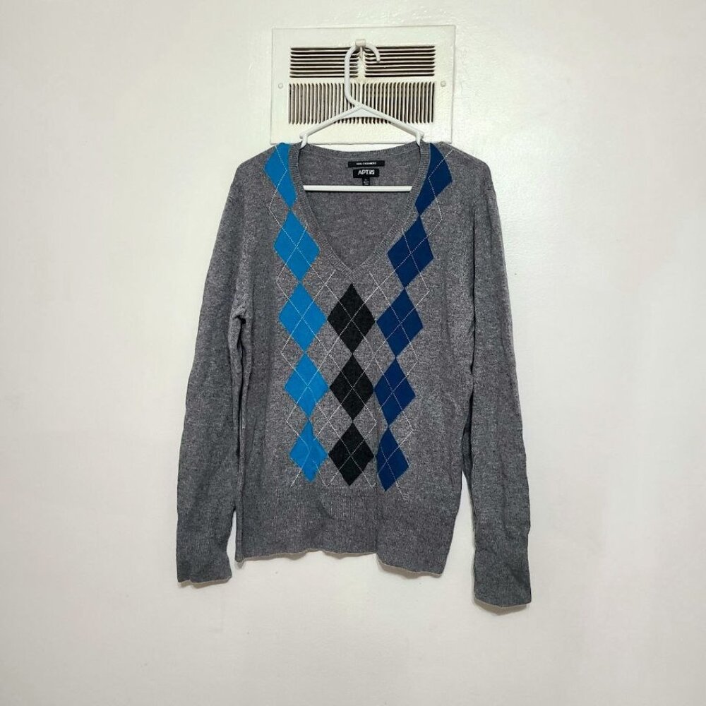 Gray Argyle V-Neck Sweater
